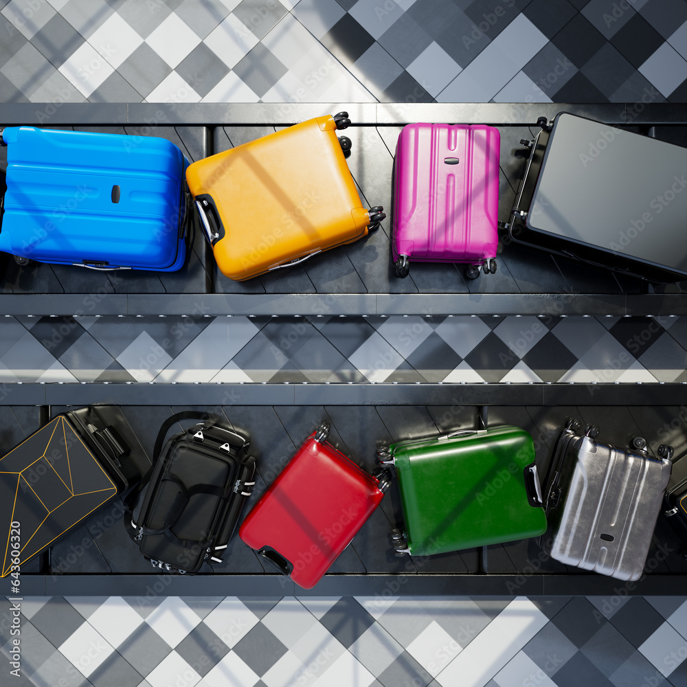 A conveyor belt at an airport carrying different sizes and colors of luggage