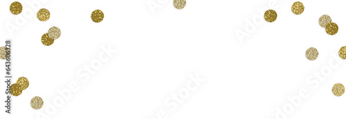 Happy New Year or birthday festive composition. Golden glittering round confetti isolated on background. Celebration, party concept. Sparkling metallic texture. Flat lay, top view. Empty copyspace