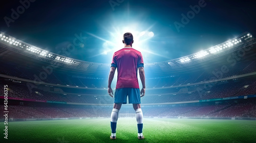 Football player standing on stadium grass field and focusing his mind. Postproducted generative AI illustration. 