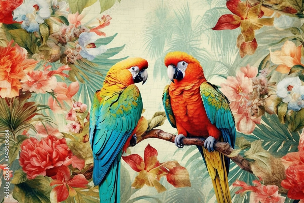 Beautiful parrots sitting on a branch with flowers. Vintage background