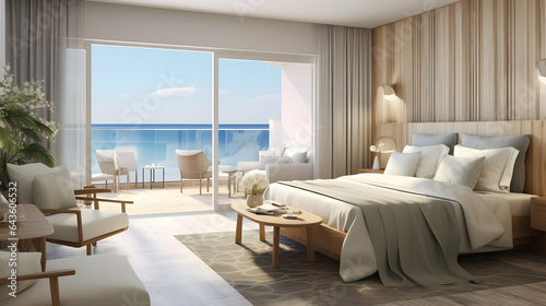 Tropical resort bedroom, interior in light colors, panoramic windows and sea view, luxury relaxation