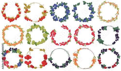 Berry round frame set, wreath decoration, plant border, natural branch circle vector element