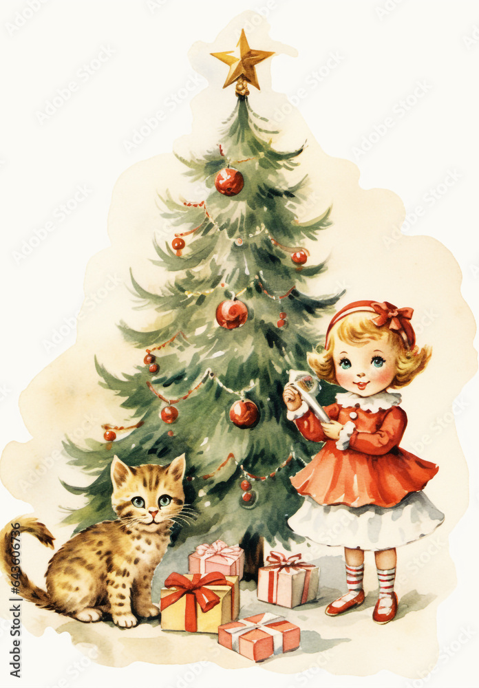 Christmas scene of cute cats and kids near the Christmas tree, vintage christmas card, watercolor christmas illustration, ephemera, junk journal