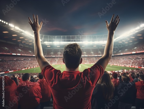 Back view of soccer fans hand up cheering in football stadium