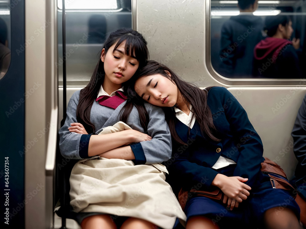 Two Asian schoolgirls sleeping in subway car