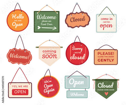 Shop store door entry sign and plaque board with different lettering and inscription isolated set