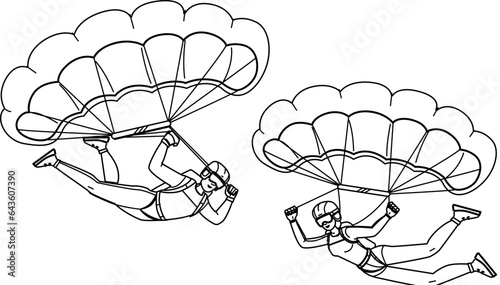 skydiver parachute vector. extreme skydiving, sky adrenaline, jump parachutist, freedom parachuting, skydive flying skydiver parachute character. people black line illustration