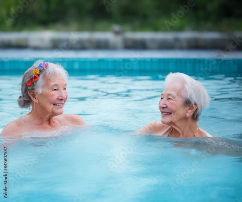 Smiling old ladies sitting in the thermal pool.