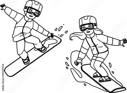 snowboarding kid vector. active snowboard, winter sport, snowboarder happy, fun snow, season young snowboarding kid character. people black line illustration