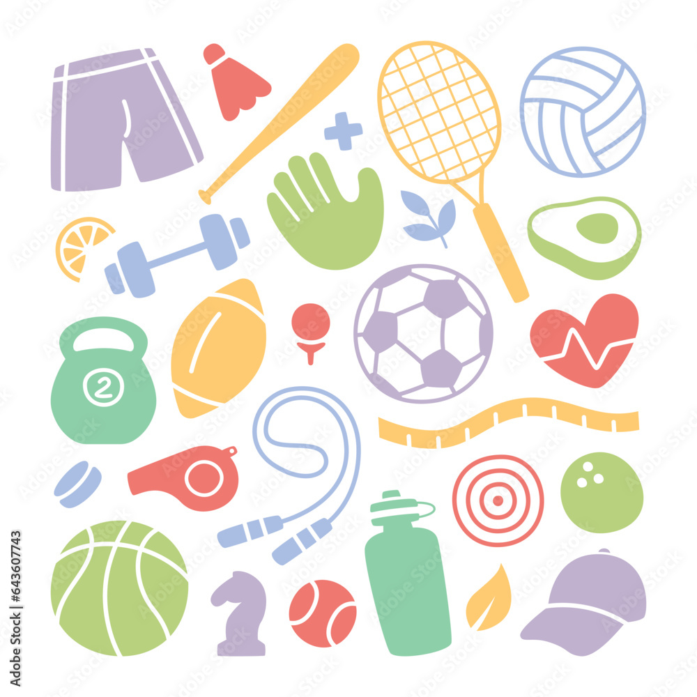 Simple sports equipment, exercise item team, game supply and dieting healthy food icon set