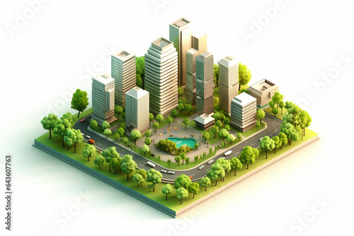 isometric city concept with buildings, roads and parks. 3d rendering
