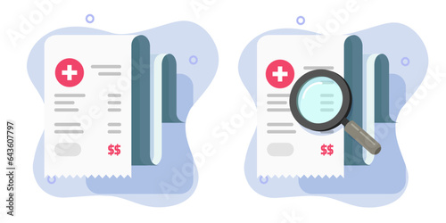 Medical receipt price expenses cost icon vector graphic, medicine tax bill invoice payment illustration, clinic insurance payment fee audit search, healthcare pharmacy claim document check image