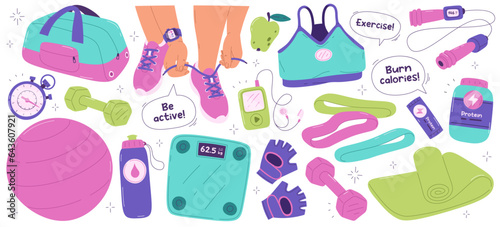 Cartoon sport equipment, fitness workout equipment, training exercise supple for female set