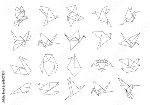 Vector set of outline paper origami birds isolated on white