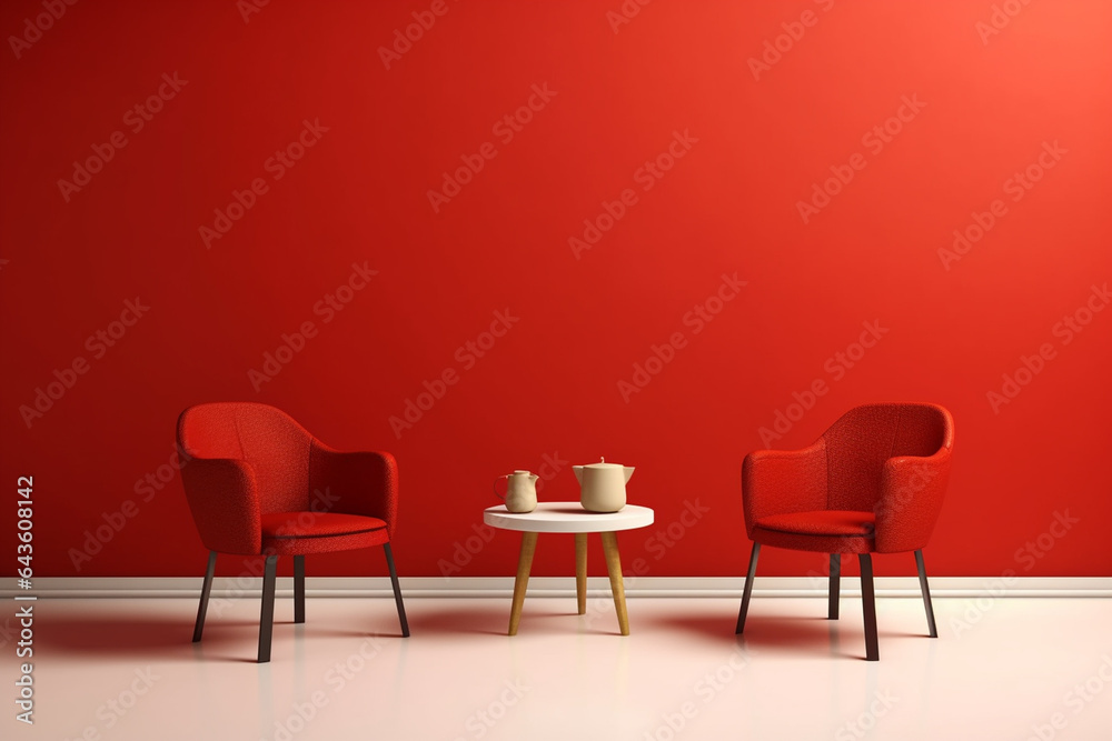 Fototapeta premium Interior of modern living room with red walls, white floor and red armchairs. 3d rendering
