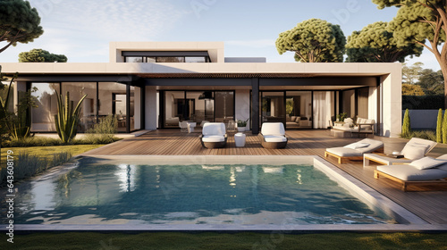 A luxury house with lawn and pool in the foreground © swissa