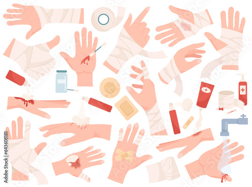 Hands with injured skin, different sprain, fracture and trauma with bandaged and first aid set