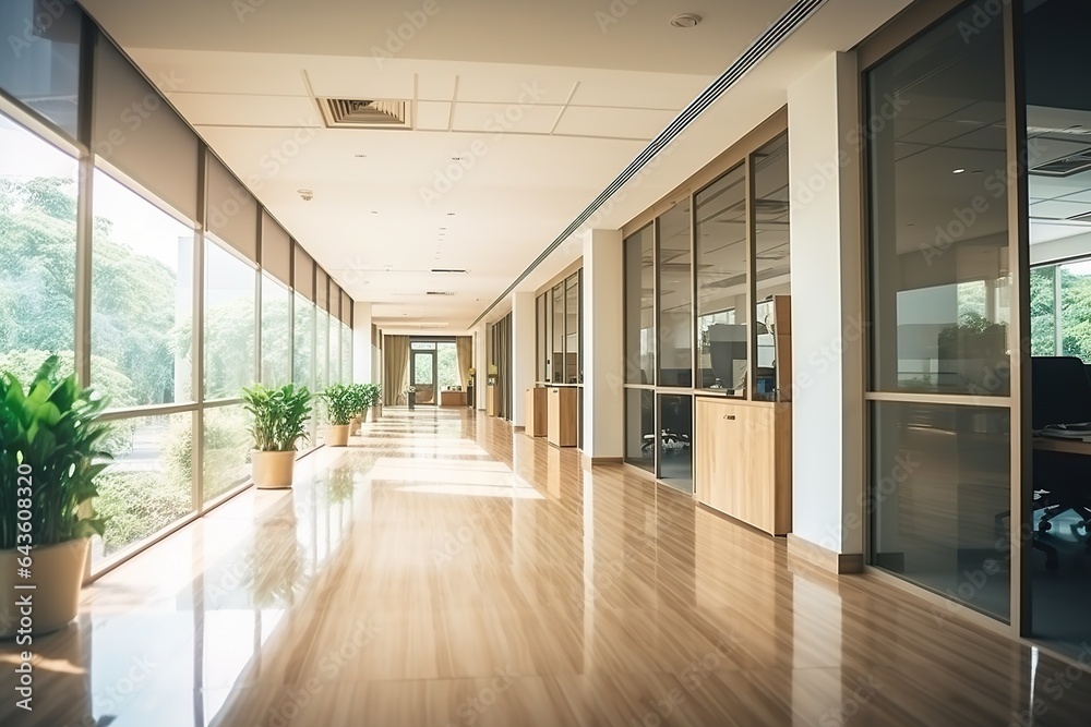 Fototapeta premium Modern office with a beautiful long office corridor and defocused room background concepts and ideas for business presentation background