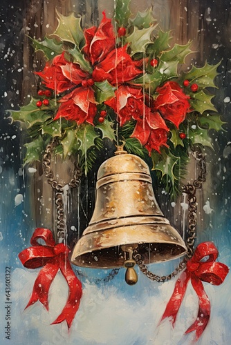 Christmas bells postcard. Vintage style postcard design. Generative Ai illustration photo