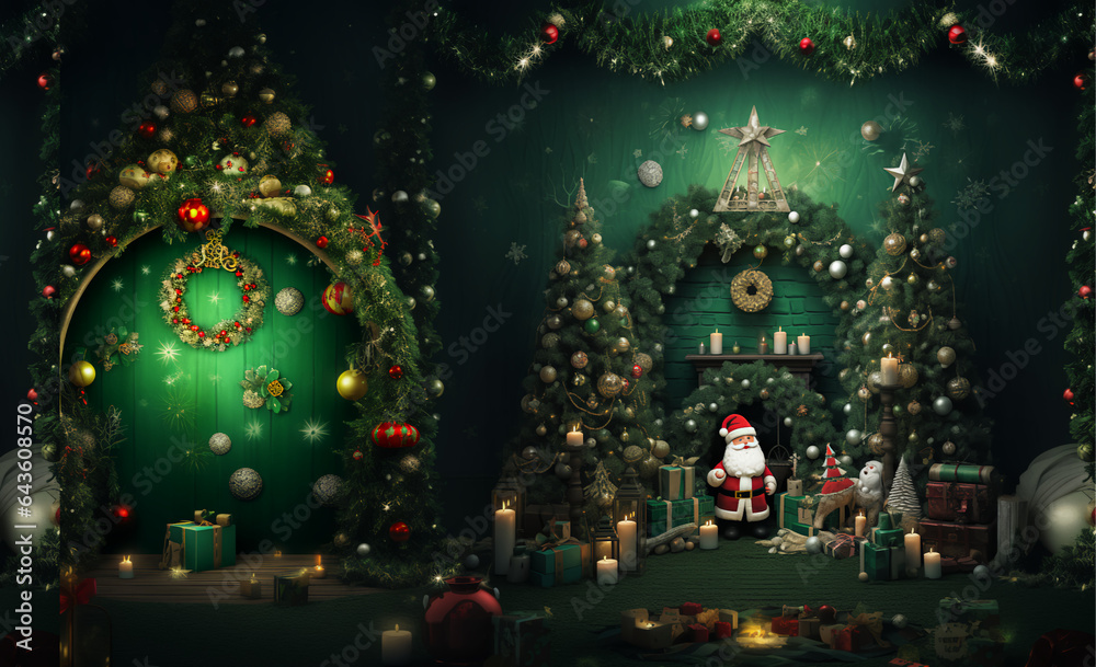 green background, christmas tree, chimney, snowman, fairy lights, many christmas related details for decoration on green background green background, christmas tree, chimney, snowman, fairy lights, many christmas related details for decoration on green background