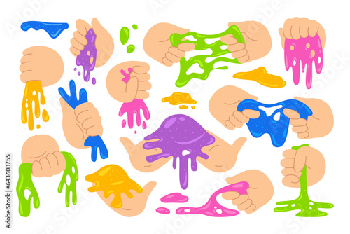 Human hand playing holding colorful antistress slime jelly substance isolated set on white