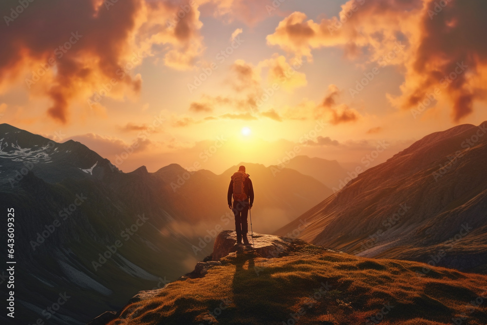 Man standing on the top of a mountain and looking at the sunset