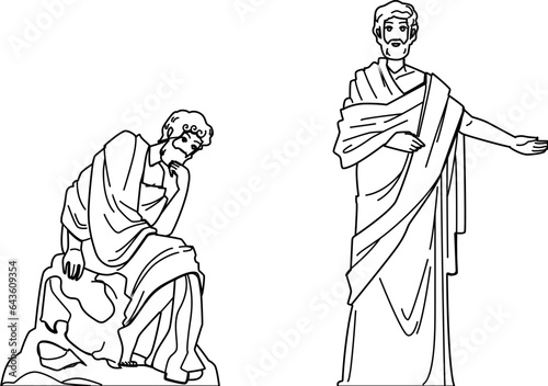 sculpture phylosophy thinker vector. statue man, art question, science person sculpture phylosophy thinker character. people black line illustration