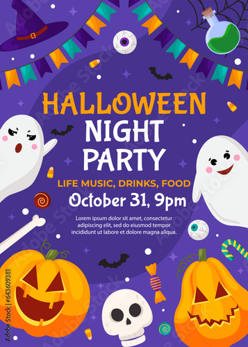 Vector happy Halloween poster template. Holidays party invitation background. Cartoon orange pumpkis, witch potion, bats, ghosts, candies, skull on violet. Backdrop, flyer, poster for event