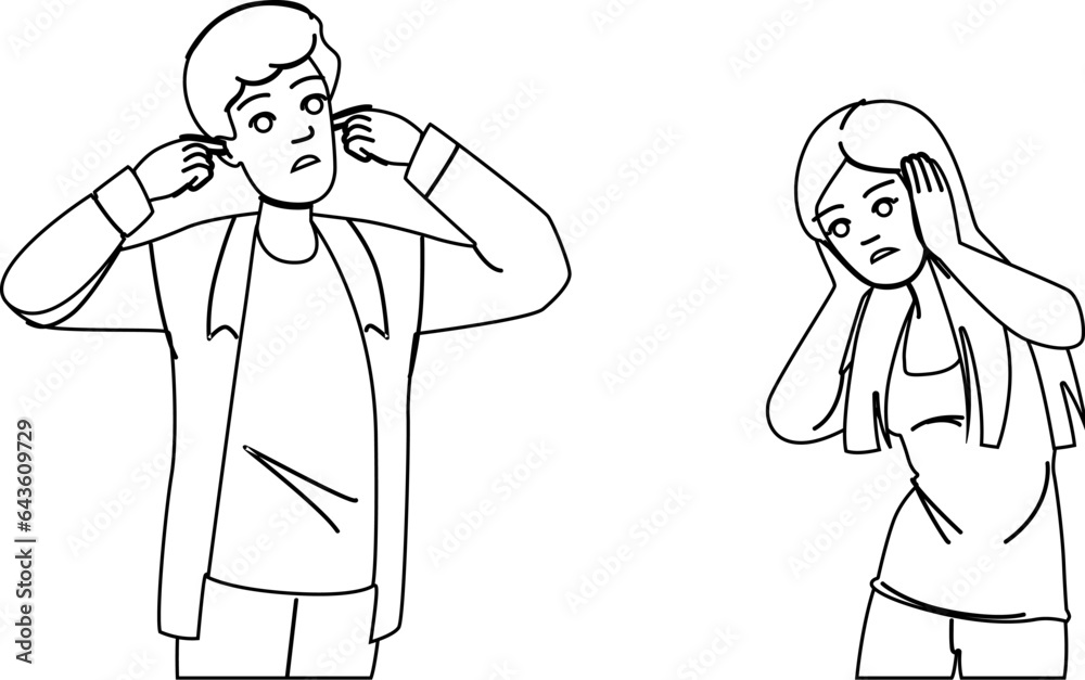 noise plugging ears vector. plug loud, man woman, work avoid noise plugging ears character. people black line illustration noise plugging ears vector. plug loud, man woman, work avoid noise plugging ears character. people black line illustration