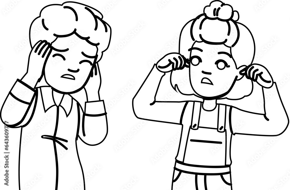 person plugging ears kid vector. loud sound, young unhappy, sad ear person plugging ears kid character. people black line illustration person plugging ears kid vector. loud sound, young unhappy, sad ear person plugging ears kid character. people black line illustration