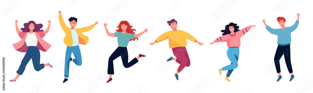 Happy people jumping set. Young funny teens guy, girl jumping together for joy joyful celebration victory team. Smiling students. Happy color flat vector illustration