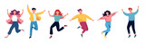 Happy people jumping set. Young funny teens guy, girl jumping together for joy joyful celebration victory team. Smiling students. Happy color flat vector illustration