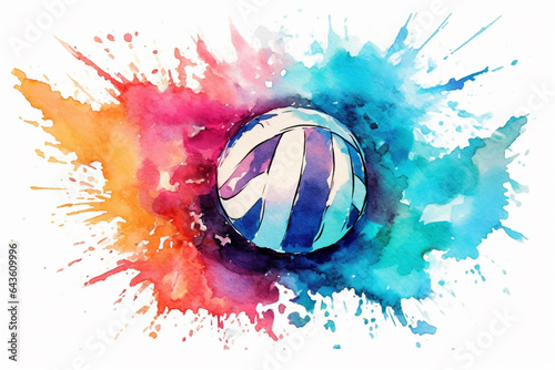 Watercolor volleyball ball on watercolor splash background. Vector illustration. photo