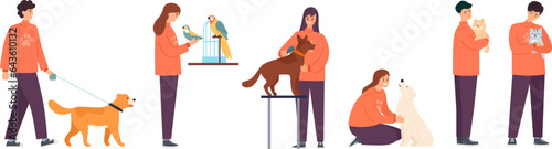 Set of volunteers helping and supporting animals. Charity and donation concept. Colored flat cartoon vector illustration isolated on white background