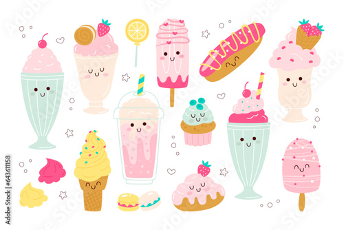 Cute kawaii milkshake cold refreshing dessert drink character isolated vector illustration set