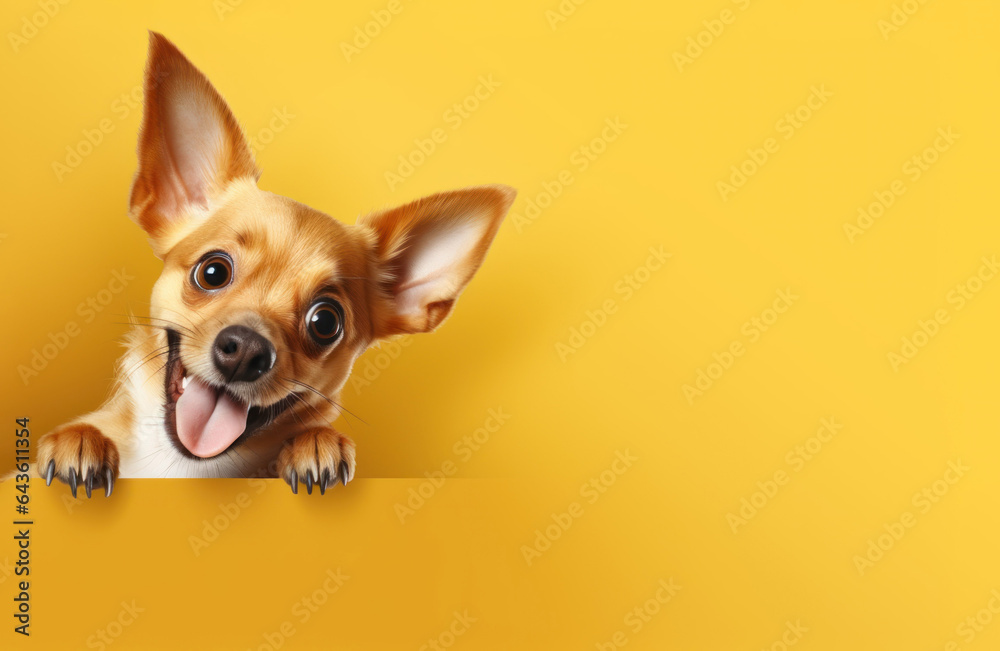 surprised dog, banner example on plain yellow background 