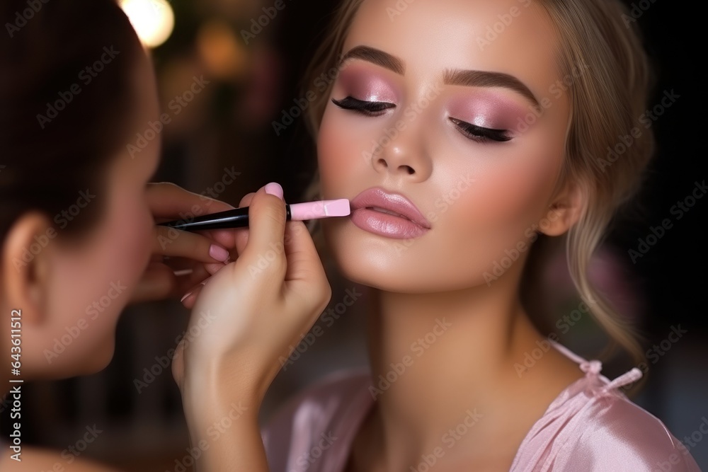 make-up artist doing make-up model in delicate pink colors lips close up