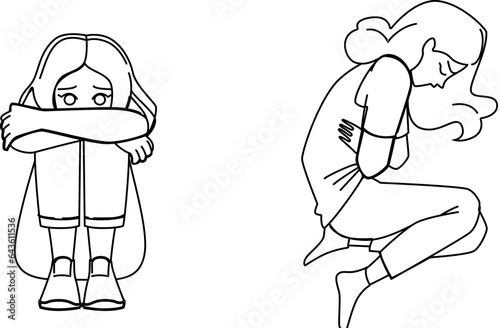 miscarriage woman vector. sad grief, anxiety depression, sorrow girl, stress abortion, pain depressed miscarriage woman character. people black line illustration