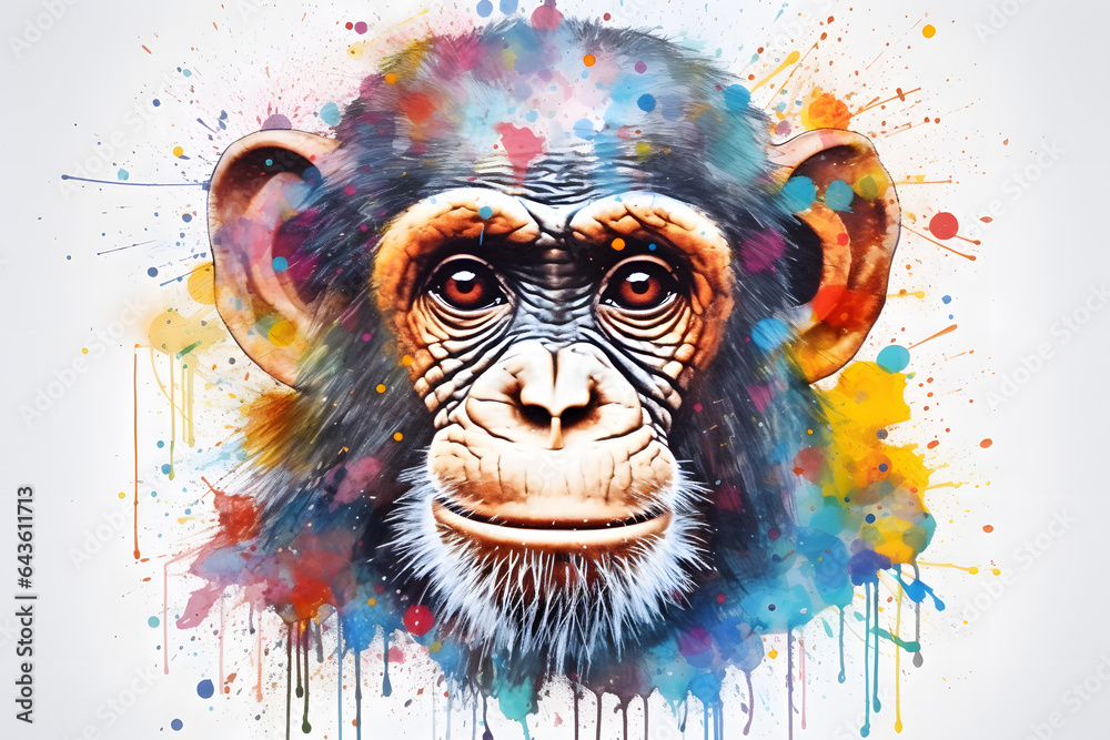 Modern colorful watercolor painting of a chimpanzee, textured white paper background, vibrant paint splashes. Created with generative AI