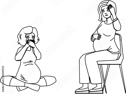 morning sickness vector. woman nausea, sick pregnancy, vomit women, mother pain, illness stomach morning sickness character. people black line illustration