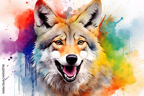 Modern colorful watercolor painting of a coyote or wolf, textured white paper background, vibrant paint splashes. Created with generative AI © Mihai Zaharia
