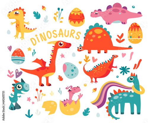Funny colorful dinosaur cartoon character  cute comic monster  prehistoric animal isolated set