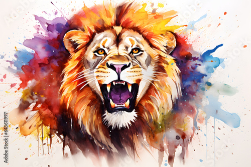 Modern colorful watercolor painting of a lion, textured white paper background, vibrant paint splashes. Created with generative AI