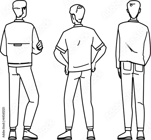 male man back vector. view guy, model casual, wo up male man back character. people black line illustration