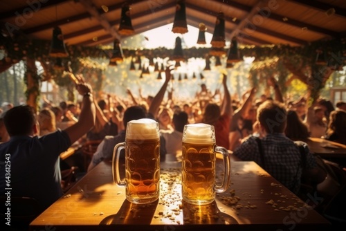 Holiday Oktoberfest, Munich. bar people drink beer in mugs and have fun, tent interior.