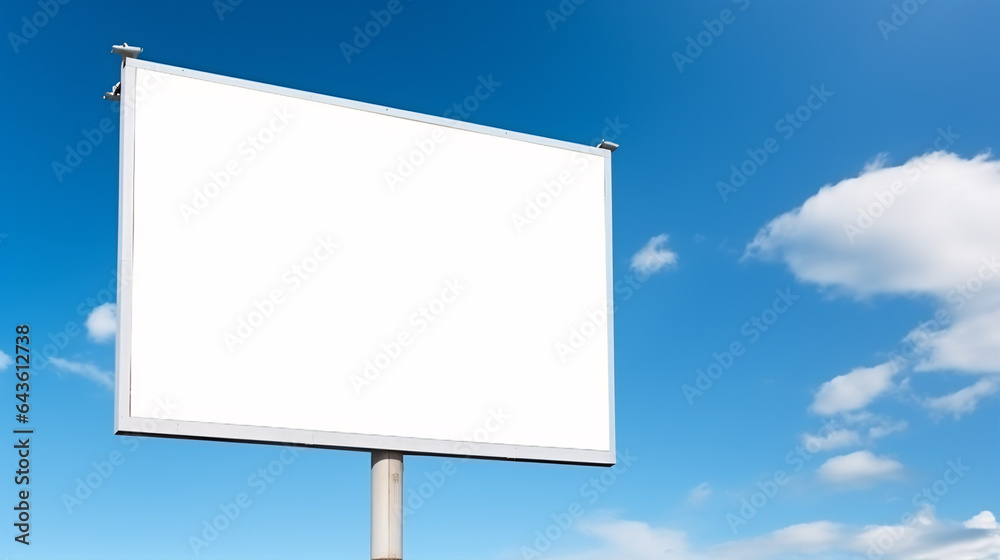 Blank canvas for your custom design: Outdoor billboard against a backdrop of clear blue skies Blank canvas for your custom design: Outdoor billboard against a backdrop of clear blue skies