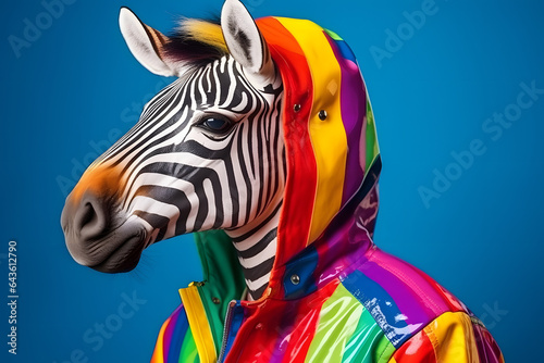 Portrait of a zebra wearing a raincoat and an umbrella in studio  colorful background. Autumn concept. Generative AI