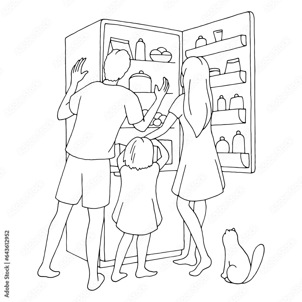 Family stands by the open fridge graphic black white sketch illustration vector Family stands by the open fridge graphic black white sketch illustration vector
