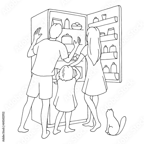 Family stands by the open fridge graphic black white sketch illustration vector