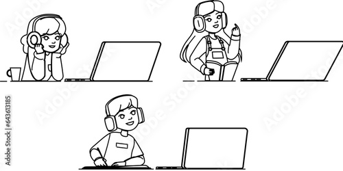 kid online learning vector. child home, laptop internet, study school, class student, teacher technology kid online learning character. people black line illustration